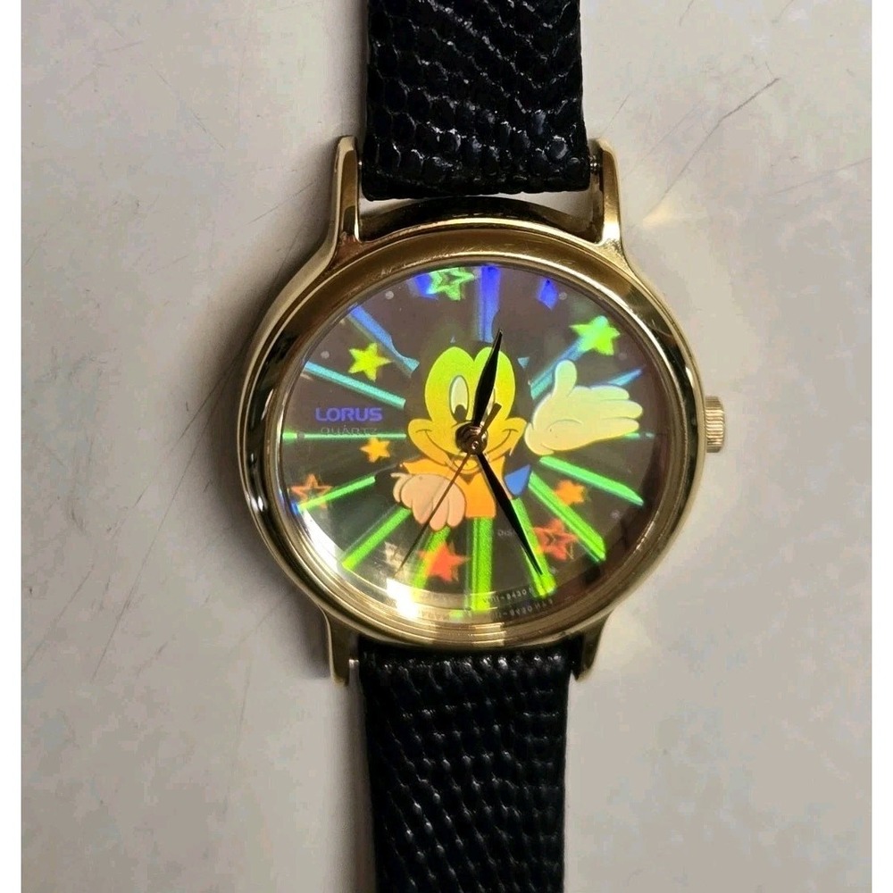 Vtg Gold-tone Mickey Mouse Lorus V515 8A00 Holographic Watch Disney Lizard Works